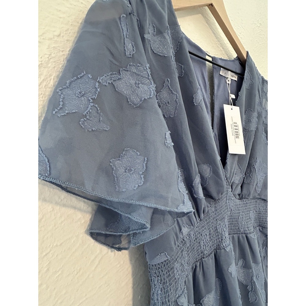 Baltic Born Blue Floral Embroidered Smocked Midi Dress V-Neck Flutter Sleeve M - Picture 4 of 8